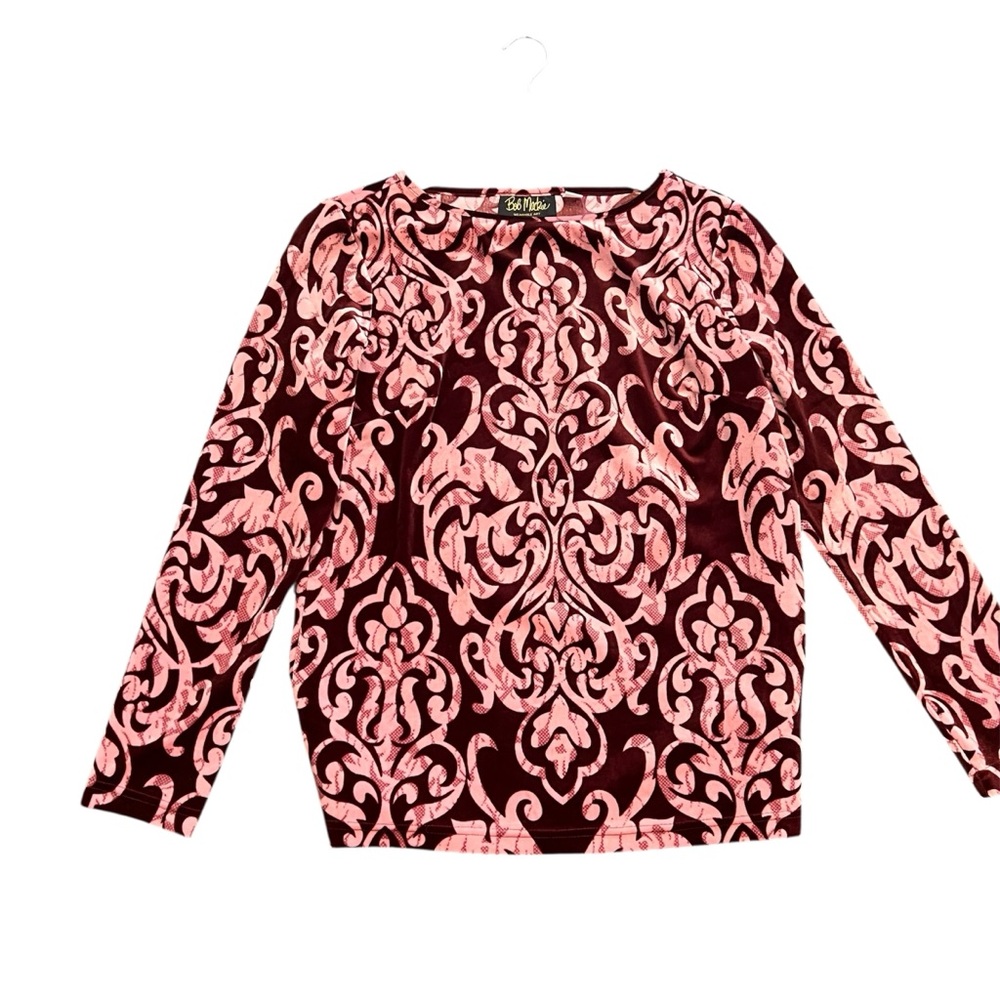 Bob Mackie Pink and Burgundy Damask Long Sleeve Top